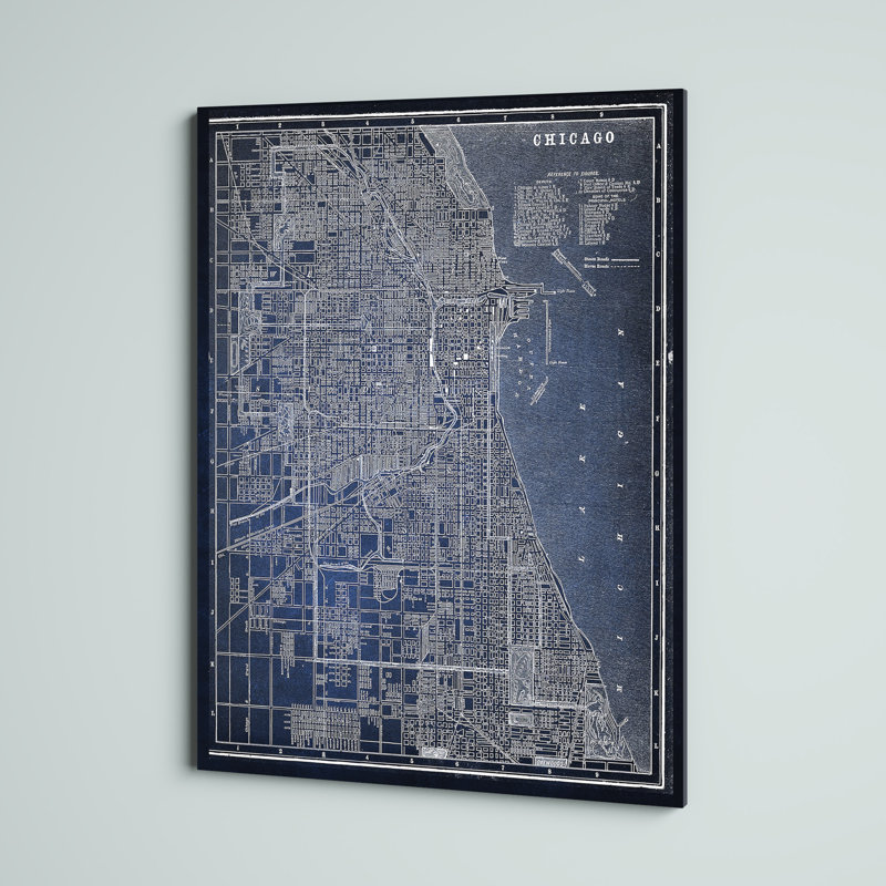 Chicago Sketch Map Blue Framed Canvas Wall Art