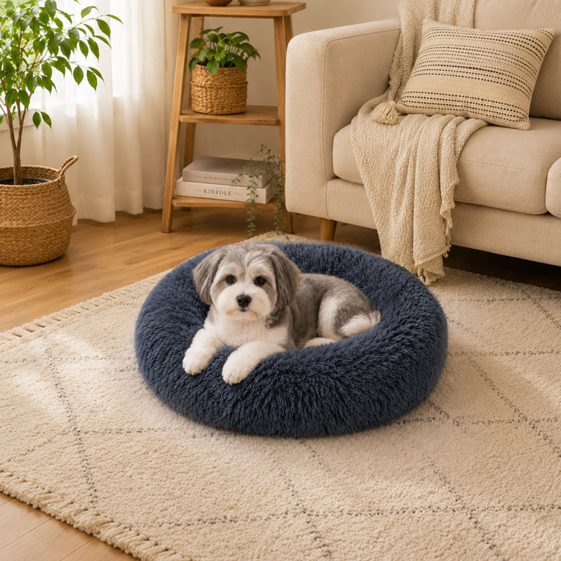 Lit pour chien en peluche rond et doux pour chien, 60cm, Dark grey