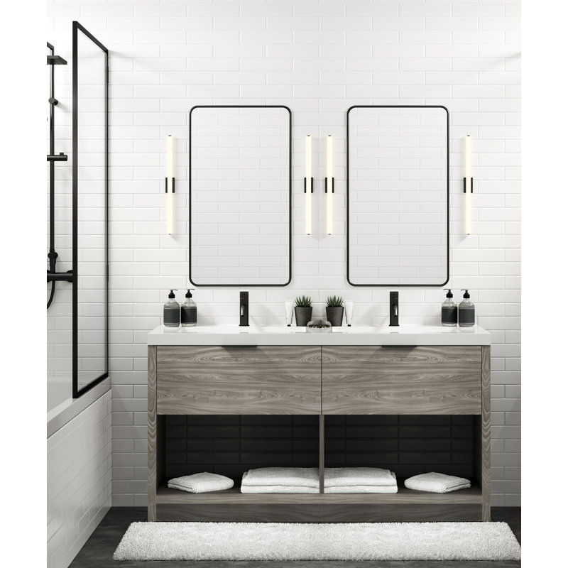 Vista 60" W Freestanding Double Bathroom Vanity, White Gloss, White Nanomatte/Satin Brass, 8" Widespread