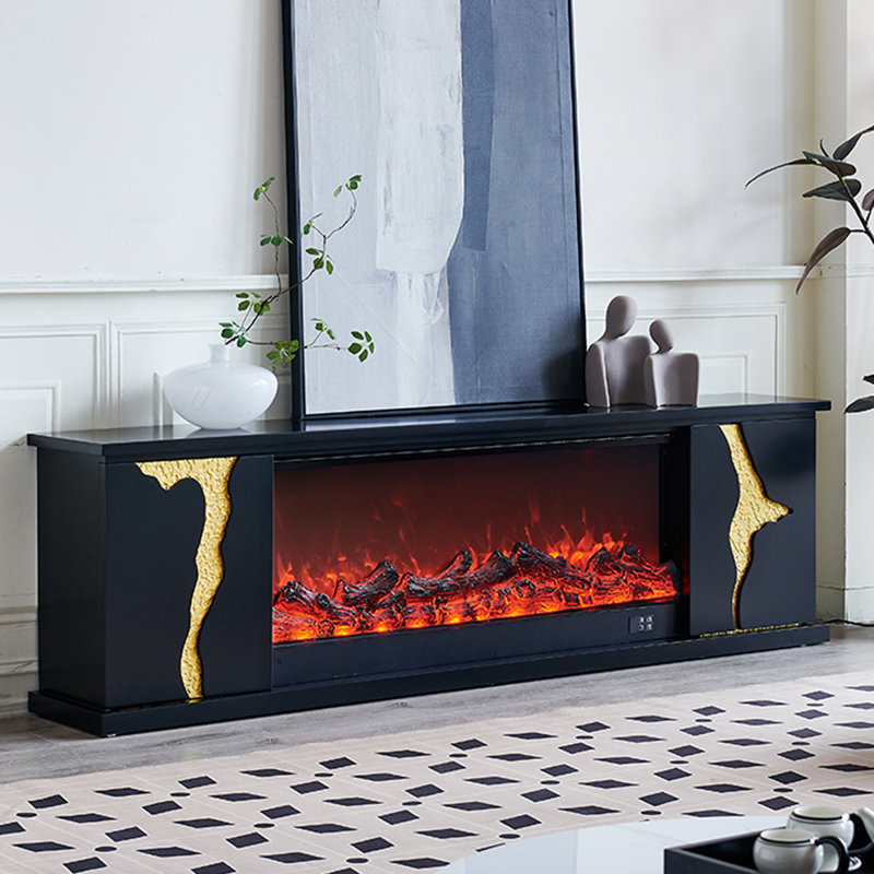 French-style household solid wood TV cabinet with simulated flame electric fireplace insert, Black