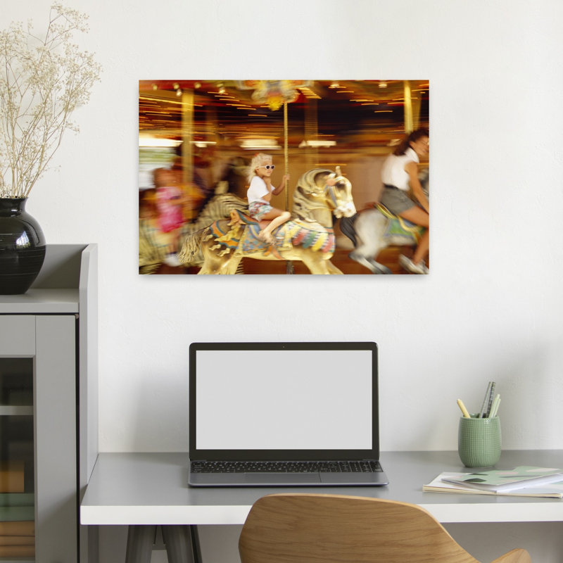 Side Profile Of A Girl And A Young Woman Sitting On Carousel Horses Navy Pier Chicago Illinois USA by Alan Klehr - Wrapped Canvas Print