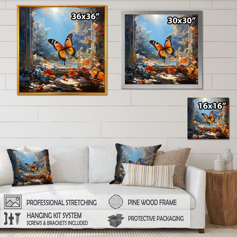 Cottage orange papillon II - Art mural papillon, Toile tendue, H 30 po x l 30 po x P 1,5 po