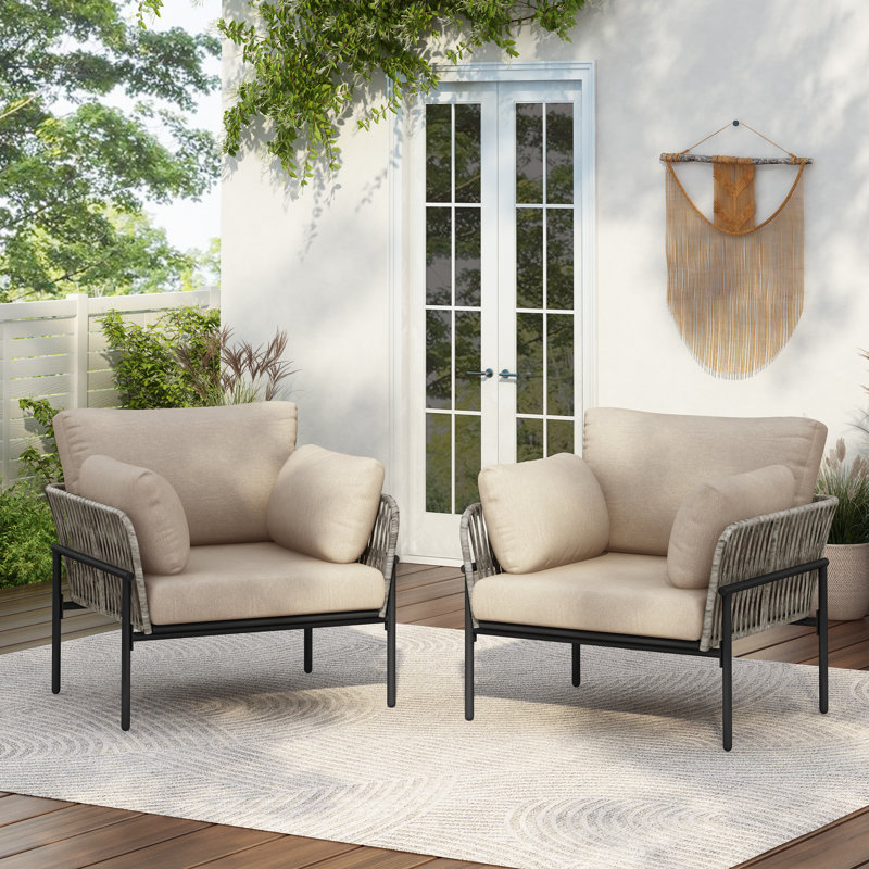 Ensemble de 2 méridiennes d'extérieur avec tissage en corde, structure en métal et coussins beiges, fauteuil de patio moderne beige et gris