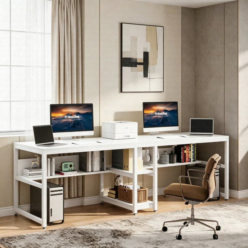 Bureau 78,7 po pour deux personnes, bureau double pour ordinateur avec bibliothèque et tablettes de rangement, Blanc