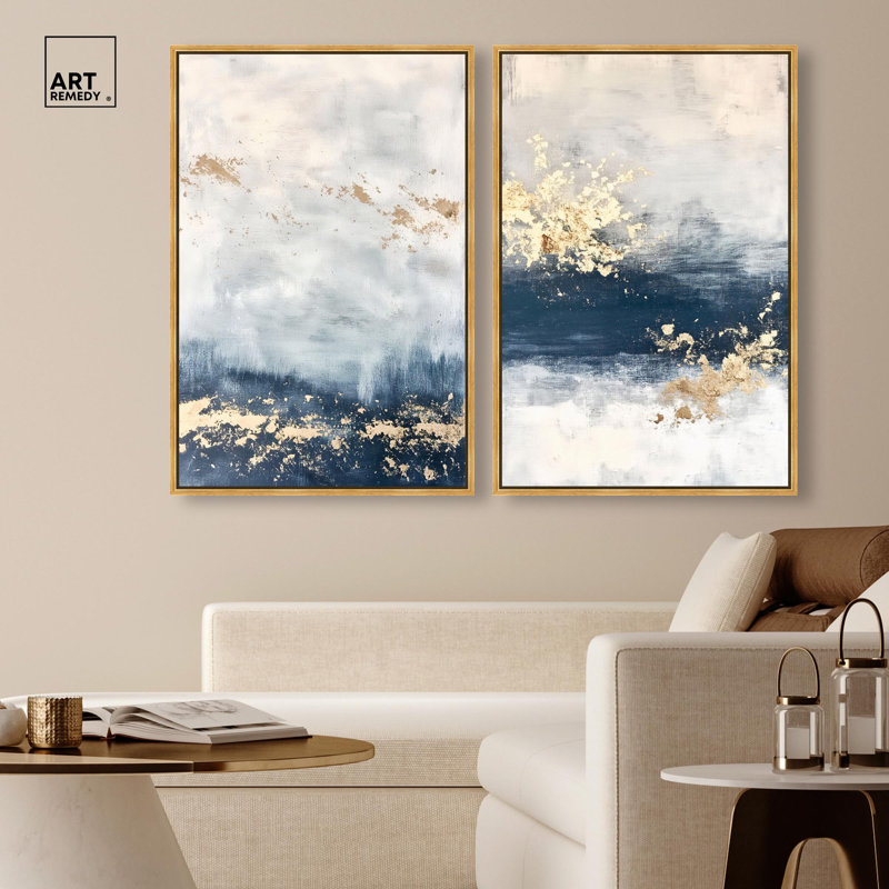«Gilded Coastal Calm Blue Art», ensemble de 2 impressions sur toile par , H 37 po x l 25 po, Doré