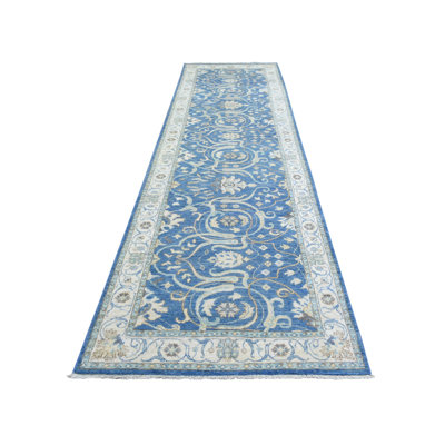 3'9"x13'3" Blue Fine Peshawar Soft Wool Hand Knotted Wide Runner Rug F639F317240E4DB4B5763F335C2B67D1