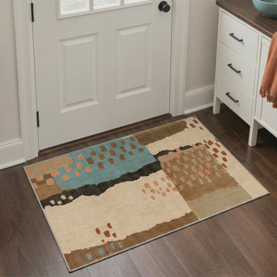 Geometric Machine Washable Brown / Beige 2' x 3' Doormat with Non-Slip Backing