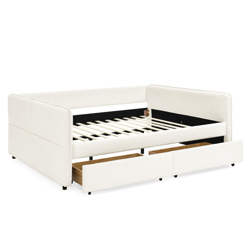 Grand lit, lit tapissier, lit gigogne, 2 unités de rangement, tissu beige bouclé, motif à rayures verticales, mousse douce pour le confort, compartiments pour installation facile, conception, côtés, installation rapide