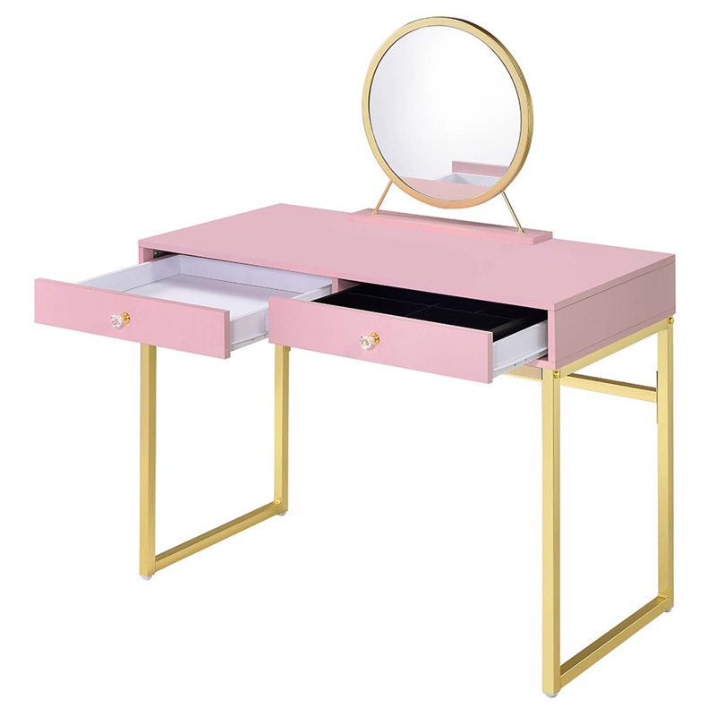 Coleen Vanity Desk w/Mirror & Jewelry Tray, Pink & Gold Finish, Pink & Gold