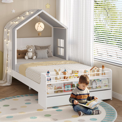 Twin Size Bed Frame With 2 Storage Drawers And Bookshelves,House Bed with Roof & Window,Toddler Bed,Space Saving No Box Spring Needed, Easy Assembly