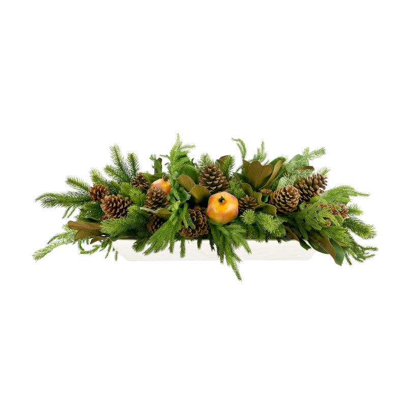 Holiday Arrangement with Evergreens, Pinecones and Pomegranates