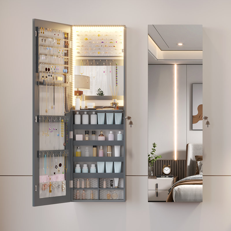Jewelry Cabinets with Interior Vanity Mirror, Door Hanging/Wall Mounted Jewelry Armoire, Grey