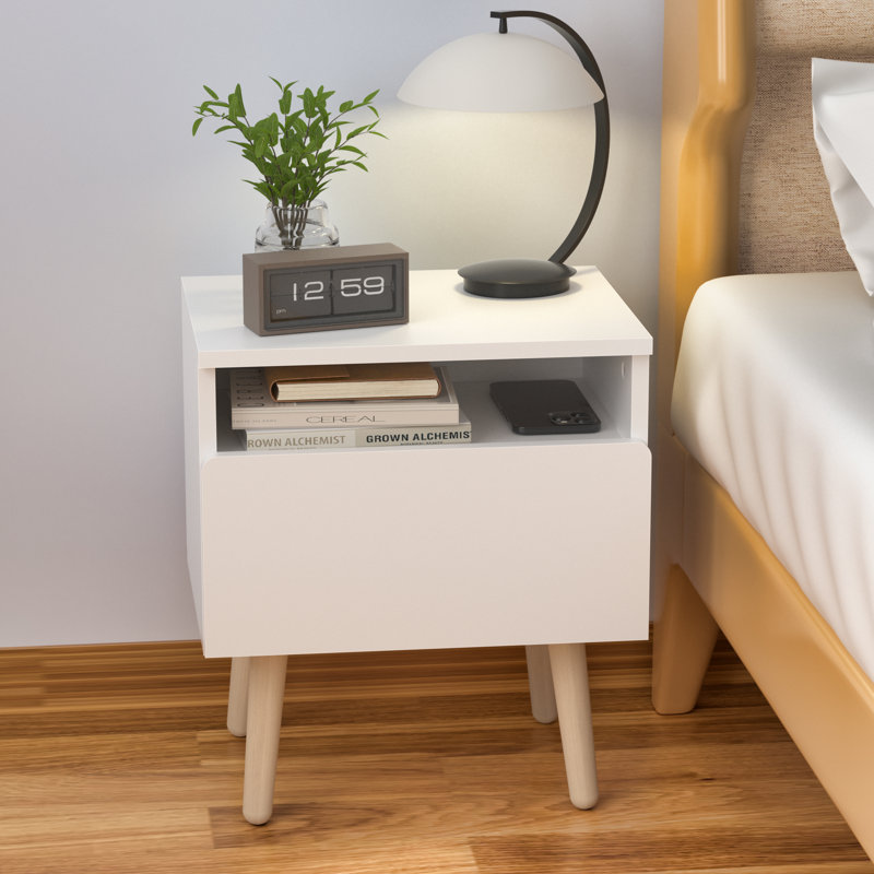 Table de chevet moderne à un tiroir, table de chevet rétro, Blanc, Individuel