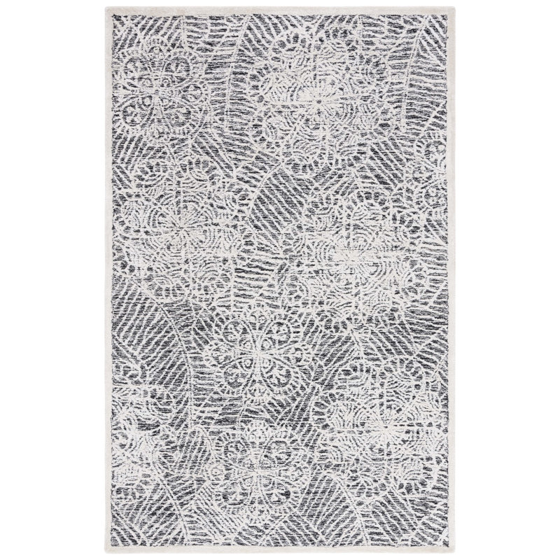 Black and Ivory Hand-Tufted Wool Floral Area Rug