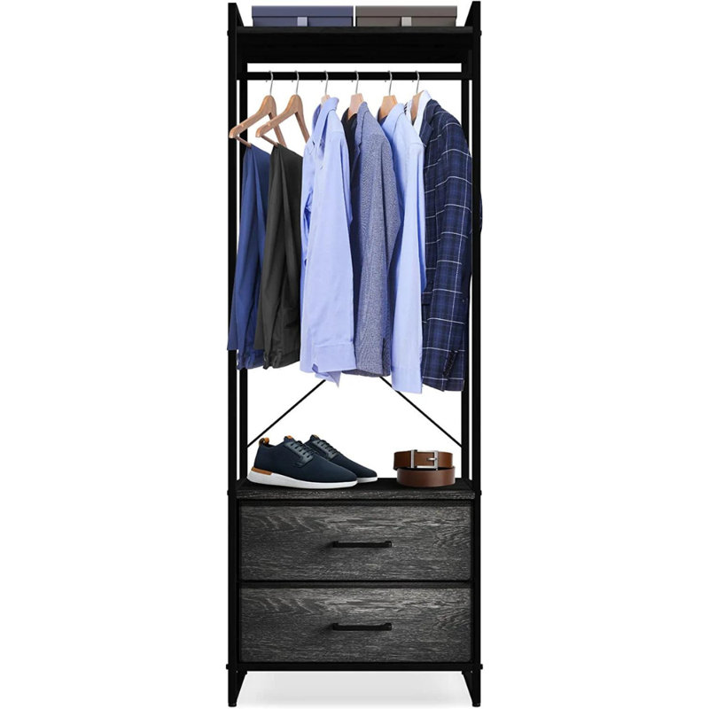Portable Black and Gray Wood Clothing Rack with Drawers