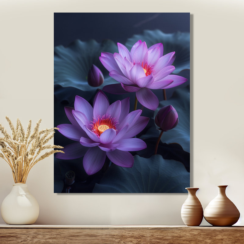 Fleurs de lotus mauves et grises - art mural Lotus, Toile tendue, H 30 po x l 40 po