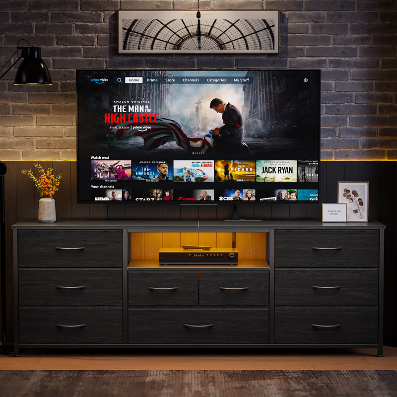 Meuble télé de 62,5 po avec éclairage à DEL, station de charge et rangement à 9 tiroirs - Console multimédia multifonctionnelle moderne pour le salon et la chambre à coucher