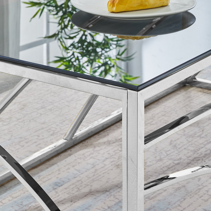Roniqua 120cm Luxury Modern Tempered Glass Coffee Table with Stainless Steel Frame for Living Room, Smoke Grey/Silver