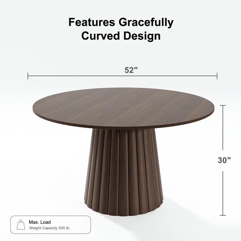 Solid Wood Dining Table Round Pedestal Kitchen Table, Walnut, 30”H x 52”L x 52”W
