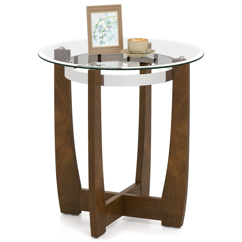 1 PCS 24" Round Side Table Glass End Table with Tempered Glass Top Cross Walnut, Walnut, 1