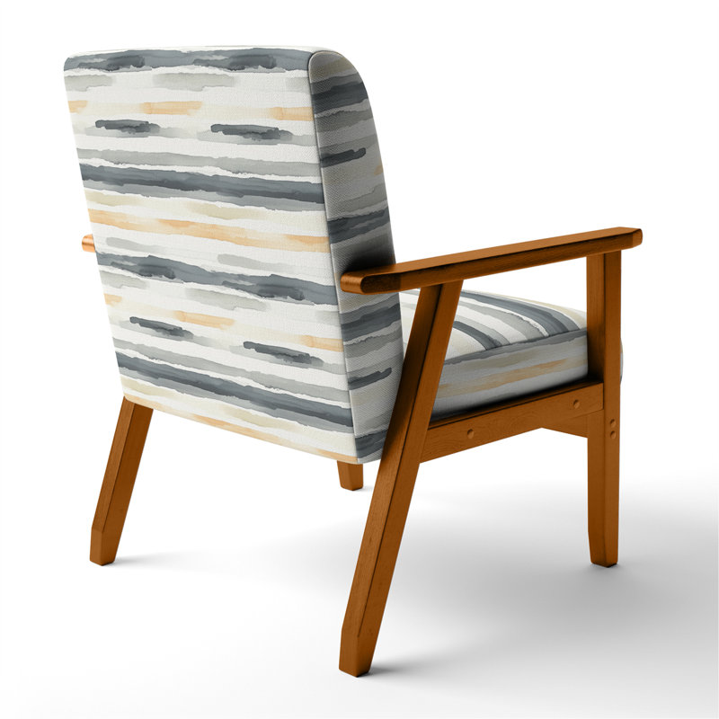 Chaise rembourrée rayée - Chaise avec accoudoirs gris et jaune neutre, Accoudoirs carrés bruns