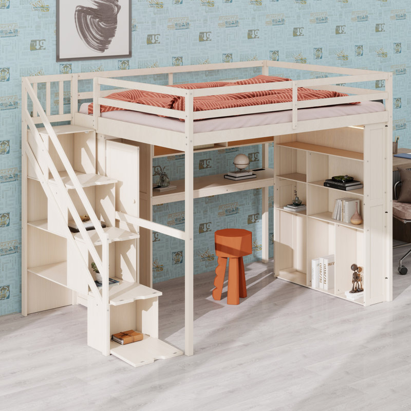 Lit mezzanine moderne avec garde-robe, bureau fonctionnel, tablettes de rangement, Beige