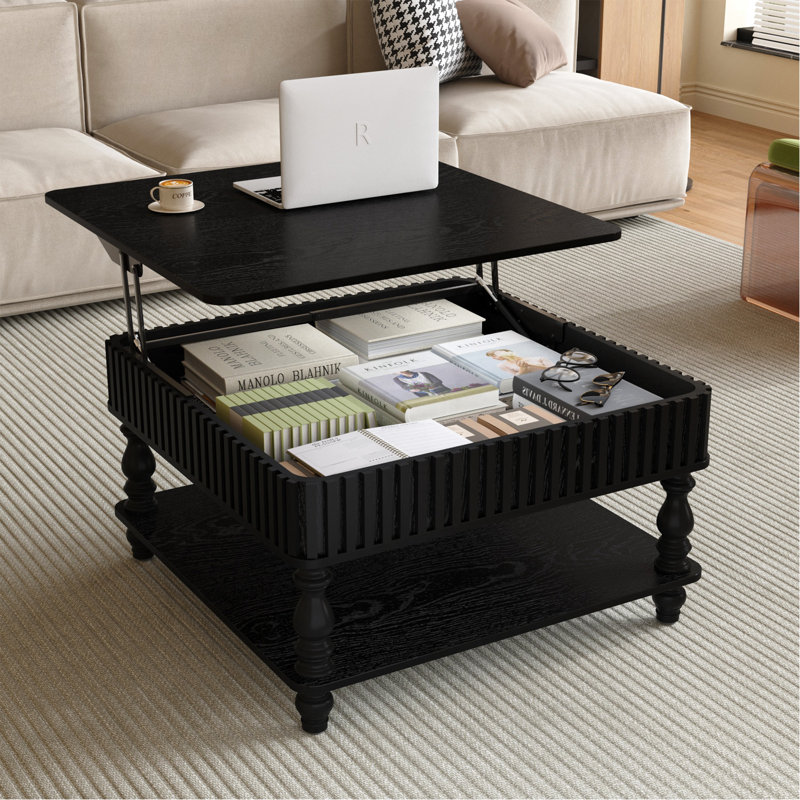 Table basse relevable avec colonnes romaines cannelées en bois massif, Noir