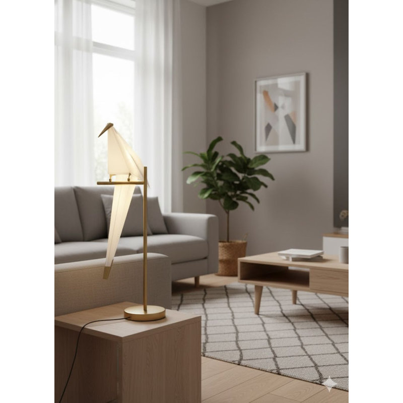 Lampe de table 1 lumière DEL dorée avec un oiseau en plastique blanc