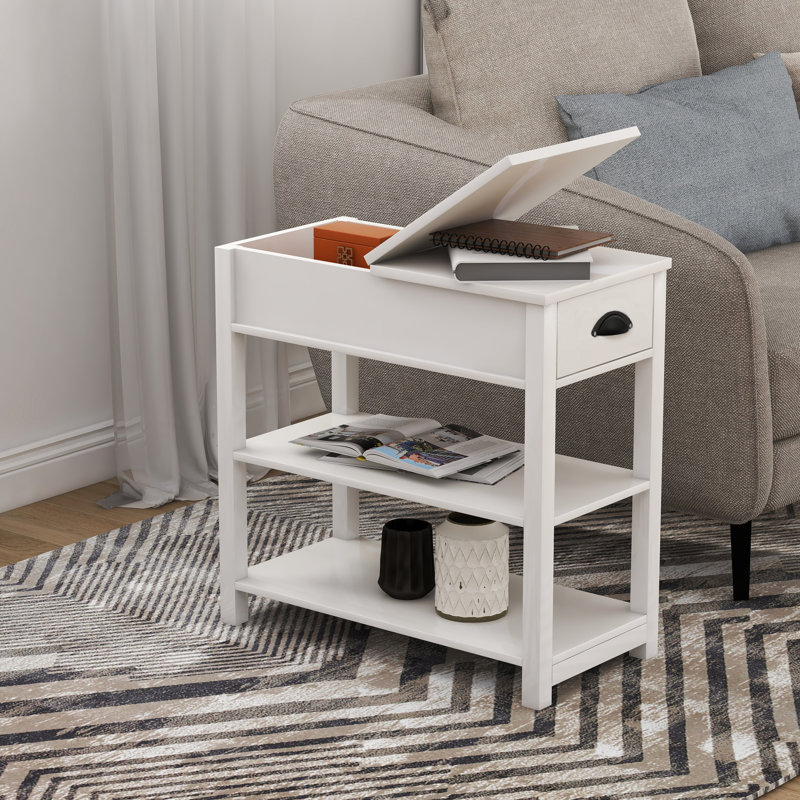 White Narrow Side Table With Storage Function, Treated, For Home And Office Compartments, Coated ,