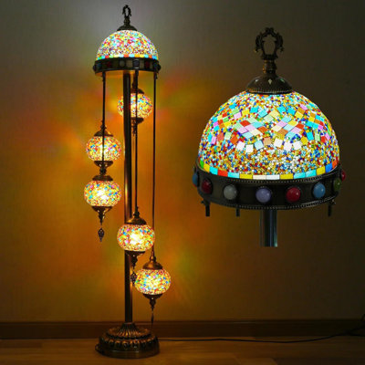 56" Turkish Floor Lamp with 5 Handcrafted Colourful Globes, Upgraded Top Shade, Base, 6 E26 LED Bulbs Included