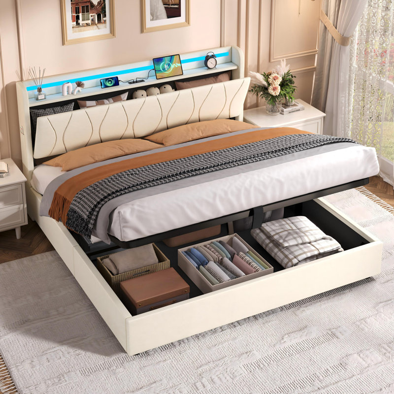 Upholstered Ottoman Storage Bed, Beige
