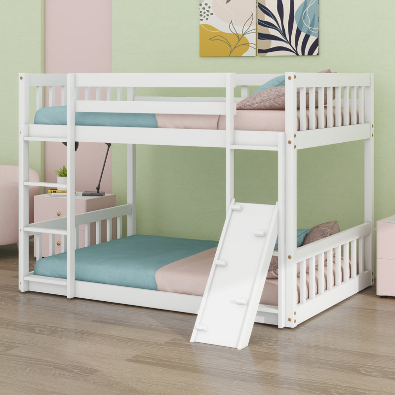 Floor Bunk Bed, Playhouse Floor Bunk Bed With Climbing Ramp, Ladder, Safety Guardrails, White