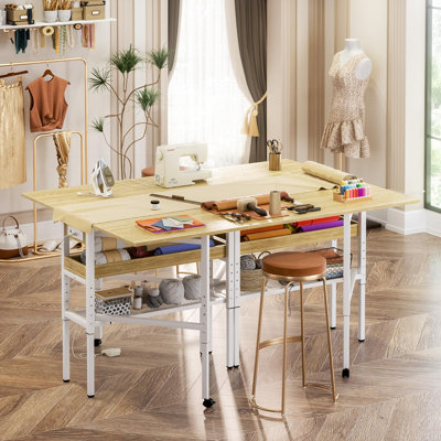 50" Foldable Sewing Cutting Table With Charging Station And Storage, Height Adjustable, For Sewing Room Craft Room, Natural