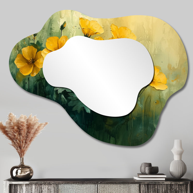Abstract Geraniums In Summer Serenity I - Geraniums Asymmetrical Wall Mirror, Traditional Vanity Mirror, Printed on Metal