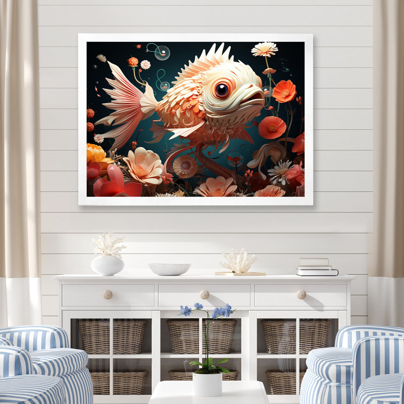 Art mural surréel de poisson sous-marin II, Cadre de coin blanc fermé, H 34 po x l 44 po x P 1,5 po