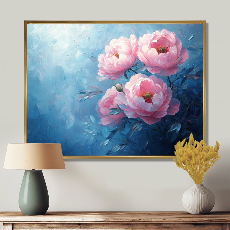 «Rose fleur rêve de pivoines II - pivoines grand art mural», H 30 po x l 40 po, Cadre flottant doré