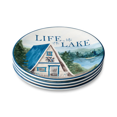 Ensemble de 4 assiettes à dessert Wake at the Lake, 4 pièces, décorations inspirées du bord du lac avec des scènes d'eau et des cabines, grès durable, va au lave-vaisselle, vaisselle charmante pour les desserts, les collations et les hors-d'œuvre