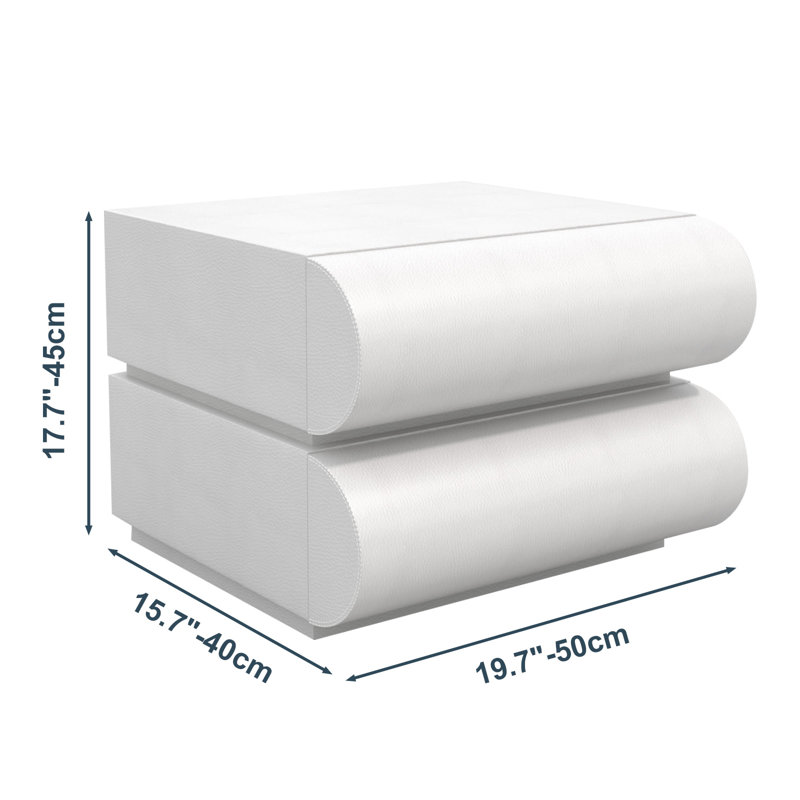 White Leather Wrapped Modern Nightstand with 2 Solid Wood Drawers