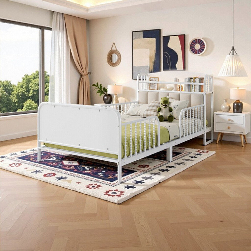 Structure de lit plateforme simple en métal avec lumières DEL, lit pour enfant avec tête de lit tapissier avec rangement