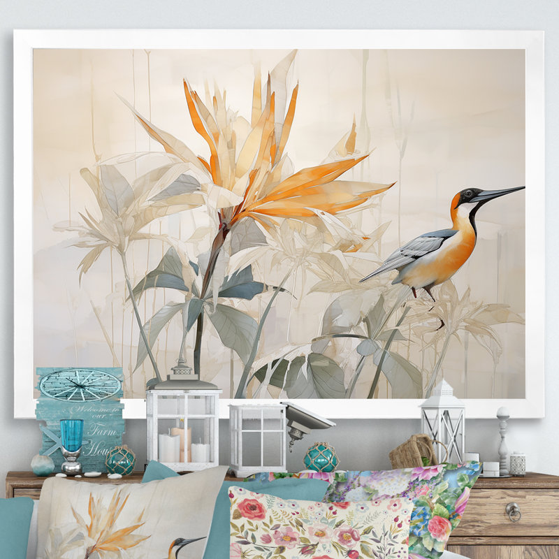 Minimalisme, oiseaux du paradis, fleurs, impression sur toile, H 30 po x l 40 po x P 1,5 po, Blanc