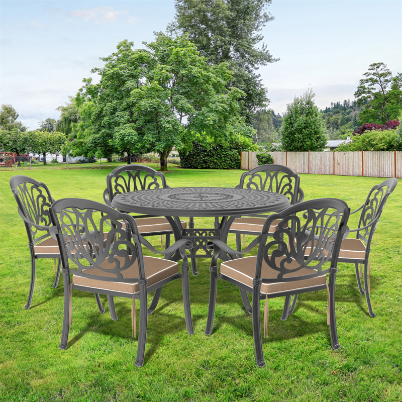 Ensemble de 7 pièces de mobilier de patio en aluminium coulé avec coussins bruns (Identique à: W1710S00486)