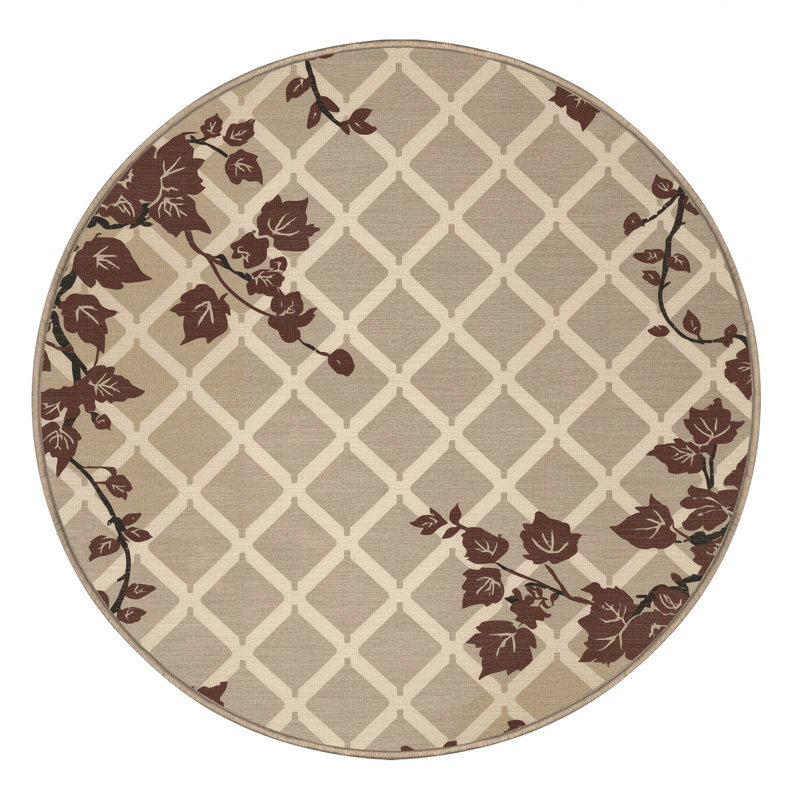 Machine Washable Ortmund Ivy Traditional Trellis Rug in Gray – Beige Binding, 8' Round