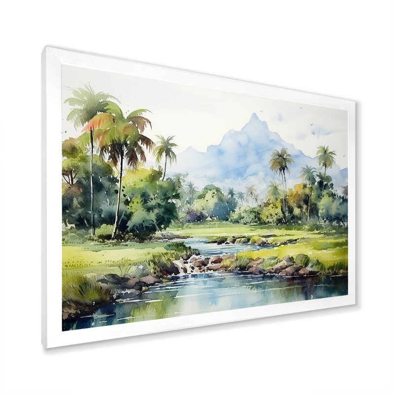 Paysage indonésien - Art mural Indonésie, H 12 po x l 20 po x P 1 po, Cadre d'angle fermé blanc