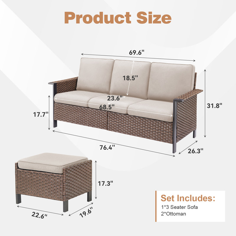 Canapé d'extérieur avec accoudoirs en rotin Coady, Beige, Brun