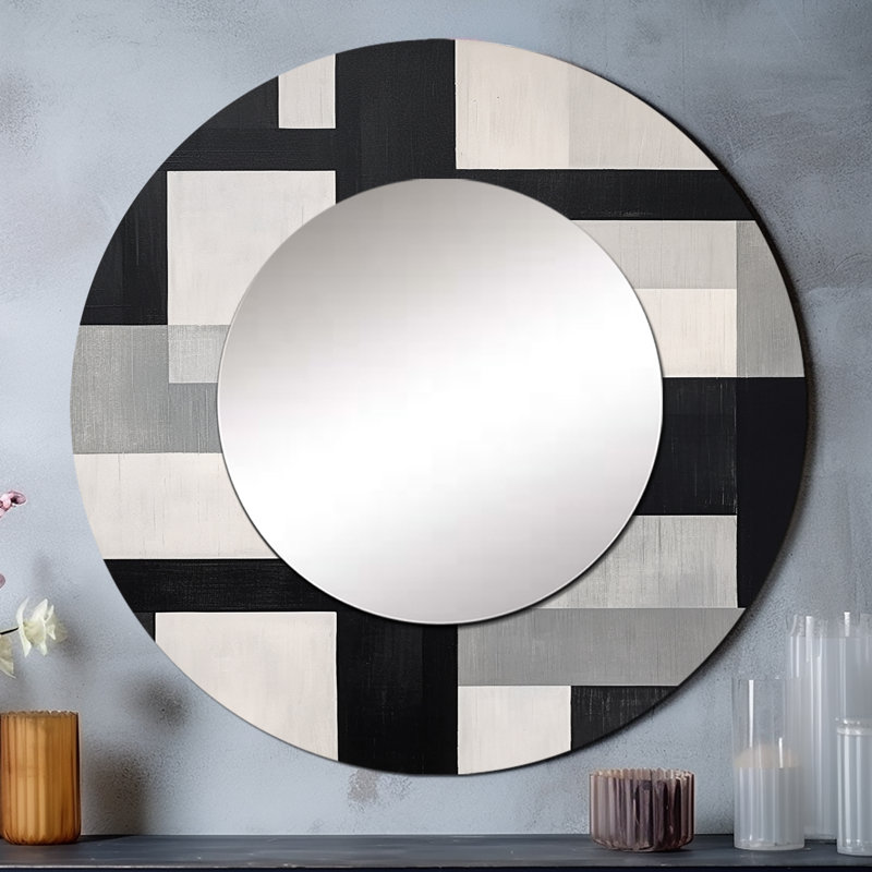 Samarea noir et blanc Cuboids Dream I - miroir de formes abstraites, miroir mural rond unique moderne, art imprimé en métal