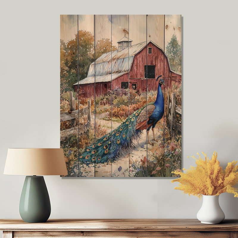 Peacock at the Farm Garden V - Art mural en bois oiseau - sur bois de pin naturel, H 44 po x l 34 po x P 0,78 po