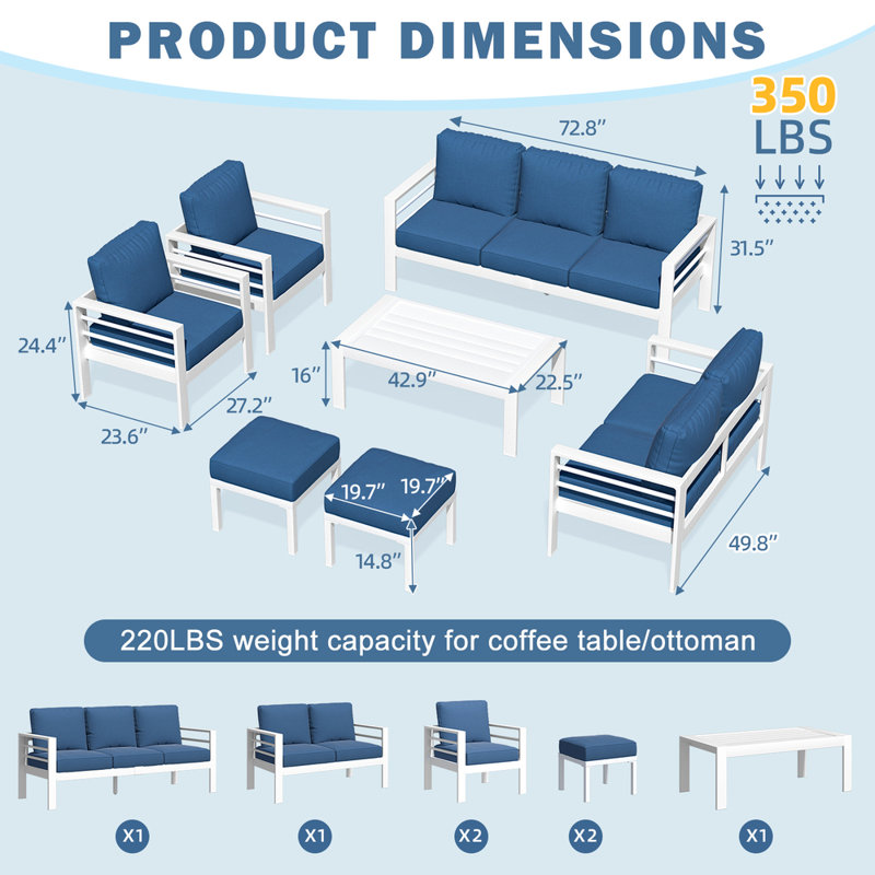Charlsa 9 - Person Patio Conversation Set with Cushions, Blue Cushion/White Frame
