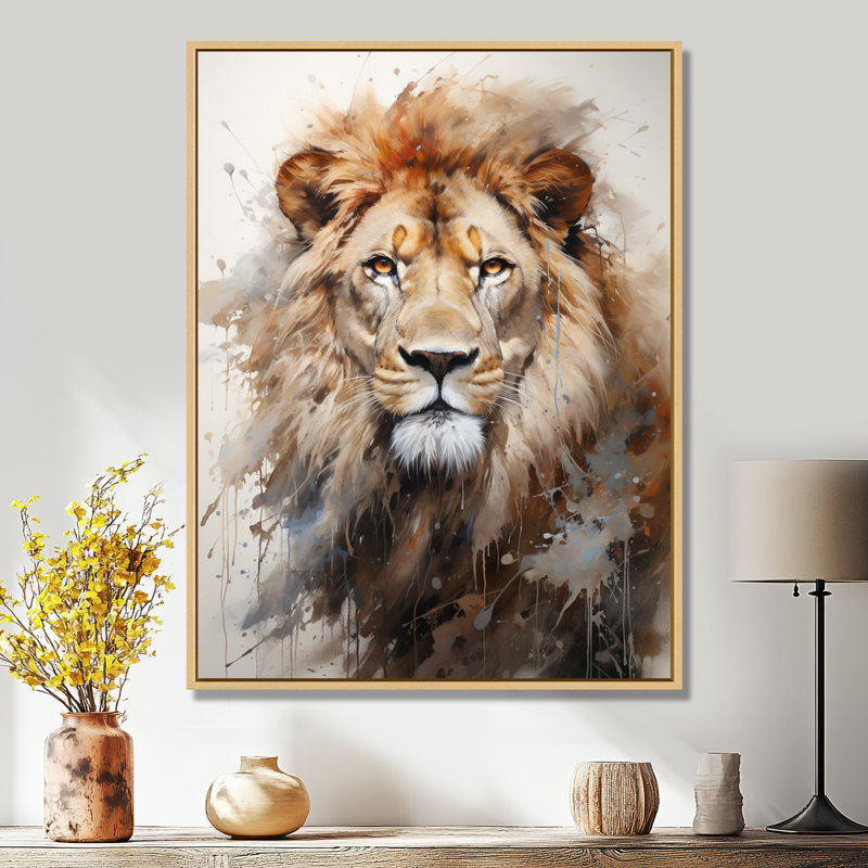 Photographie de portrait de lion - Art mural lion, H 32 po x l 24 po x P 1 po, Cadre flottant érable