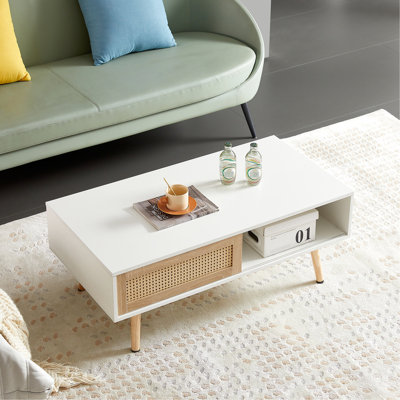 Table basse de salon moderne blanc avec pieds en bois massif pour les pieds de décoration, porte coulissante