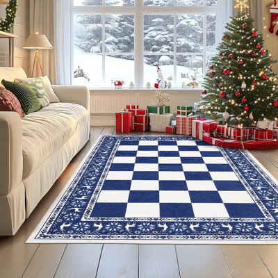 Tapis à carreaux lavable et antidérapant à poils courts pour salon - Bleu 2,4 x 3 m (8 x 10 pi) - Tapis de Noël pour chambre et salle à manger